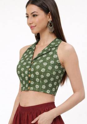 Green cotton sanganeri printed non padded blouse 3