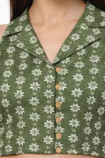 Green cotton sanganeri printed non padded blouse
