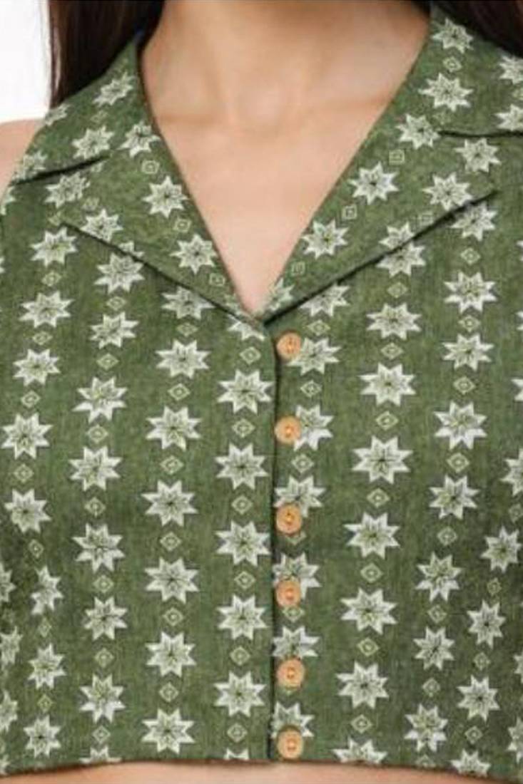 Green cotton sanganeri printed non padded blouse