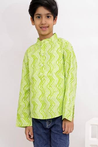 cotton full sleeves printed  short kurta - lime green