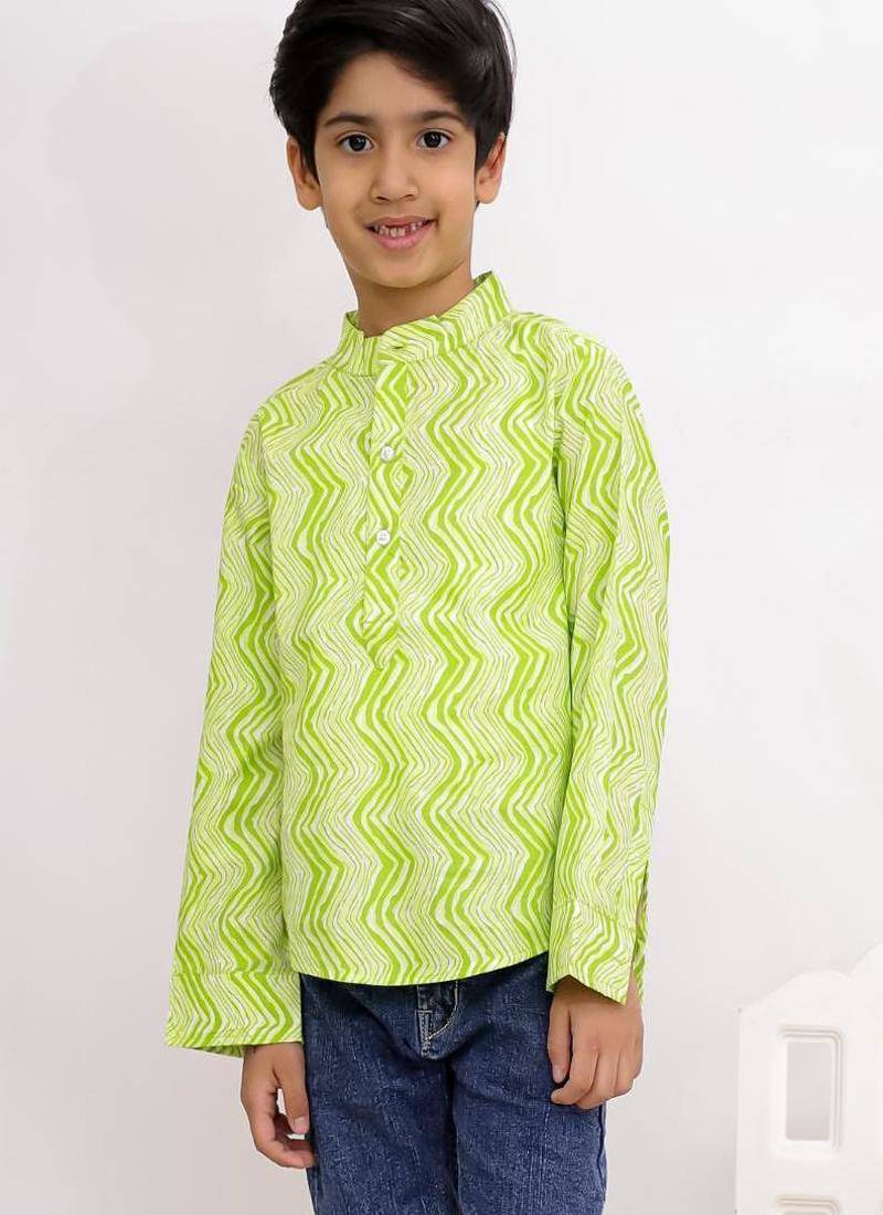 cotton full sleeves printed  short kurta - lime green