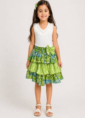 knitted  sleeveless all over embroidered top with cotton printed skirt -white & lime green 1