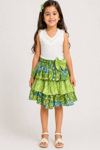 knitted  sleeveless all over embroidered top with cotton printed skirt -white & lime green