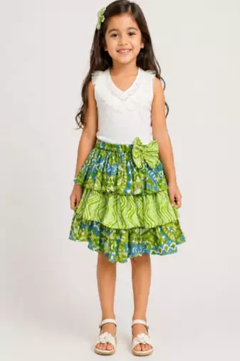 knitted  sleeveless all over embroidered top with cotton printed skirt -white & lime green