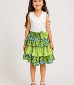 knitted  sleeveless all over embroidered top with cotton printed skirt -white & lime green