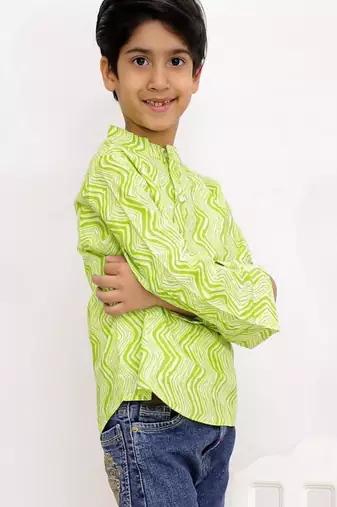 cotton full sleeves printed  short kurta - lime green