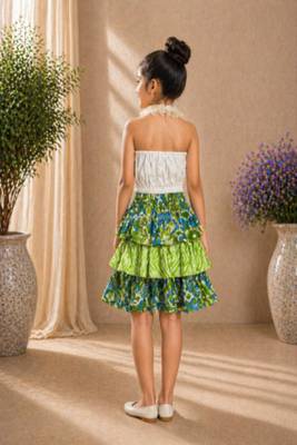 knitted  sleeveless all over embroidered top with cotton printed skirt -white & lime green 2