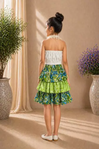 knitted  sleeveless all over embroidered top with cotton printed skirt -white & lime green