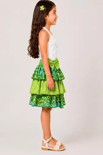 knitted  sleeveless all over embroidered top with cotton printed skirt -white & lime green