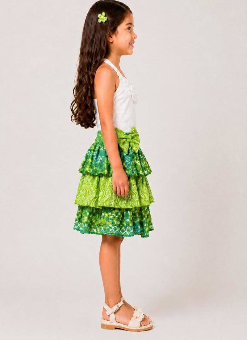 knitted  sleeveless all over embroidered top with cotton printed skirt -white & lime green