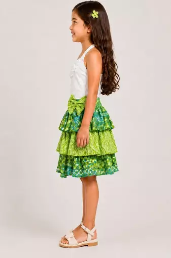 knitted  sleeveless all over embroidered top with cotton printed skirt -white & lime green