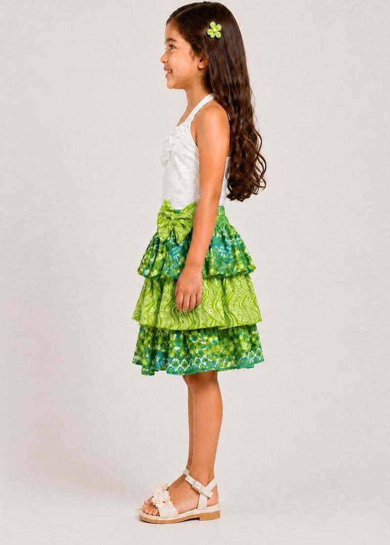 knitted  sleeveless all over embroidered top with cotton printed skirt -white & lime green