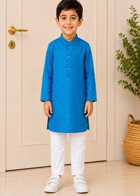 woven full sleeves self desing kurta with pyjama -blue & white 1