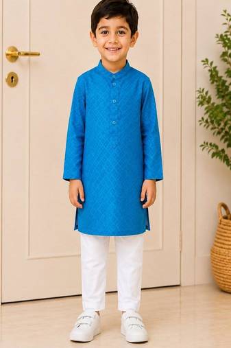 woven full sleeves self desing kurta with pyjama -blue & white
