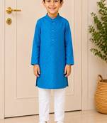 woven full sleeves self desing kurta with pyjama -blue & white