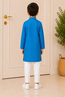 woven full sleeves self desing kurta with pyjama -blue & white 2