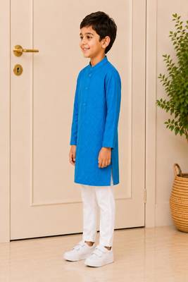 woven full sleeves self desing kurta with pyjama -blue & white 3