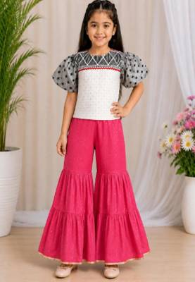 woven cotton  cold shoulder sleeve border and printed top with sharara -grey and coral 1