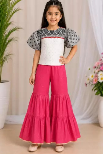 woven cotton  cold shoulder sleeve border and printed top with sharara -grey and coral