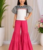 woven cotton  cold shoulder sleeve border and printed top with sharara -grey and coral