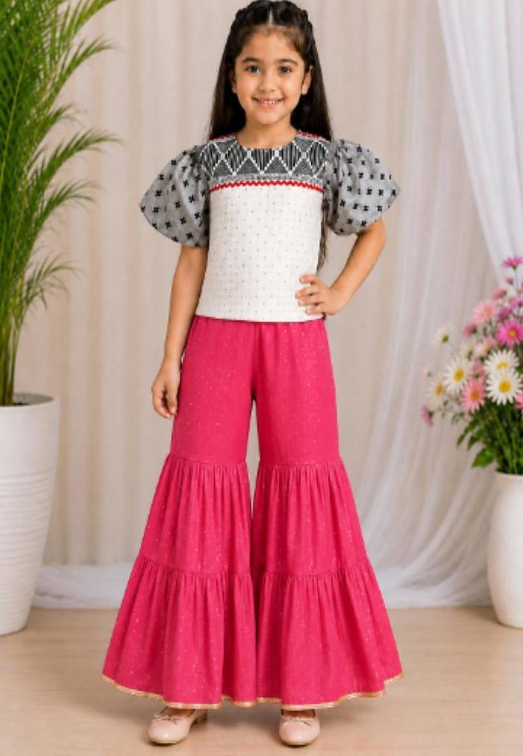 woven cotton  cold shoulder sleeve border and printed top with sharara -grey and coral