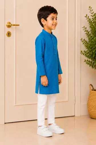 woven full sleeves self desing kurta with pyjama -blue & white