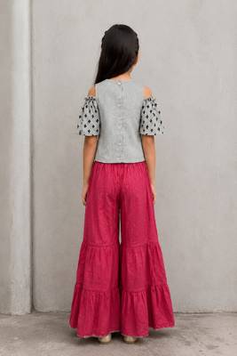 woven cotton  cold shoulder sleeve border and printed top with sharara -grey and coral 2
