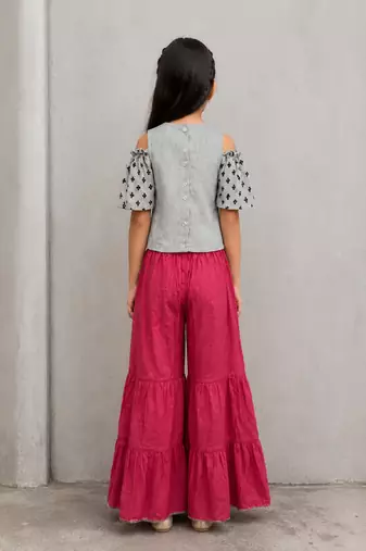 woven cotton  cold shoulder sleeve border and printed top with sharara -grey and coral