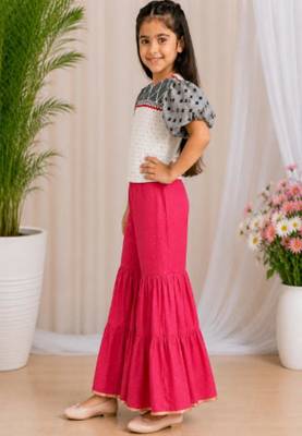 woven cotton  cold shoulder sleeve border and printed top with sharara -grey and coral 3