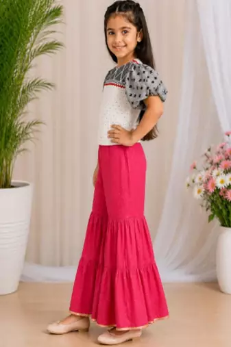 woven cotton  cold shoulder sleeve border and printed top with sharara -grey and coral