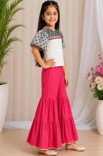 woven cotton  cold shoulder sleeve border and printed top with sharara -grey and coral