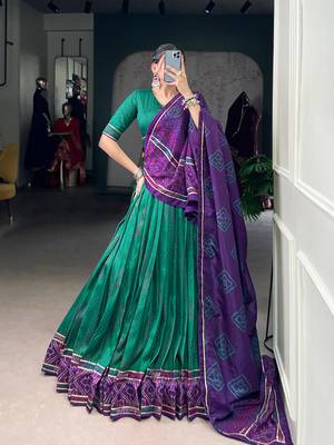 Green Navaratri Special Bandhej Print With Gotta Patti Lace Touch Up Lehenga with Unstitched Blouse 1