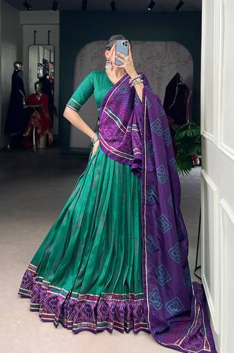 Green Navaratri Special Bandhej Print With Gotta Patti Lace Touch Up Lehenga with Unstitched Blouse
