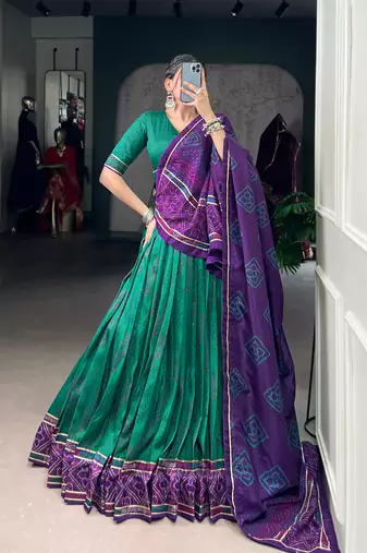 Green Navaratri Special Bandhej Print With Gotta Patti Lace Touch Up Lehenga with Unstitched Blouse