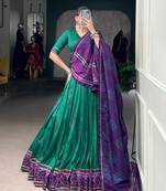 Green Navaratri Special Bandhej Print With Gotta Patti Lace Touch Up Lehenga with Unstitched Blouse