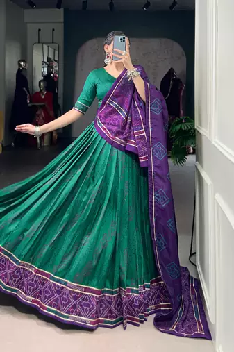 Green Navaratri Special Bandhej Print With Gotta Patti Lace Touch Up Lehenga with Unstitched Blouse