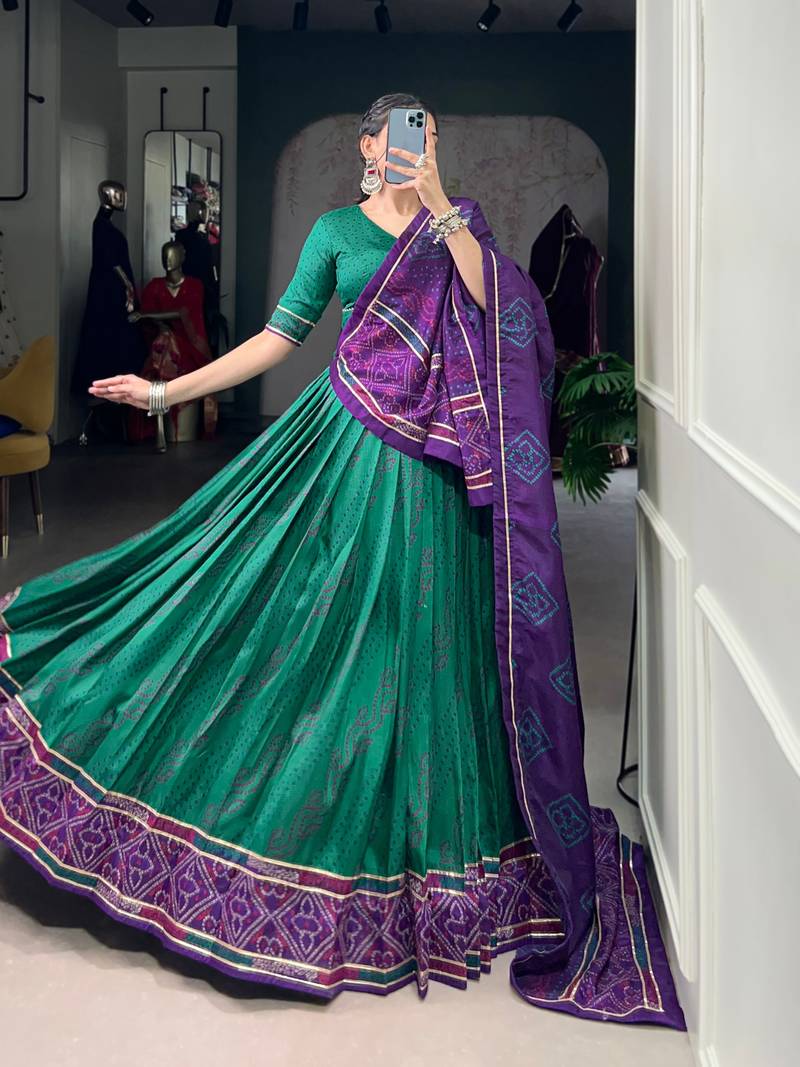 Green Navaratri Special Bandhej Print With Gotta Patti Lace Touch Up Lehenga with Unstitched Blouse