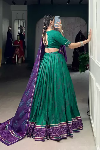 Green Navaratri Special Bandhej Print With Gotta Patti Lace Touch Up Lehenga with Unstitched Blouse