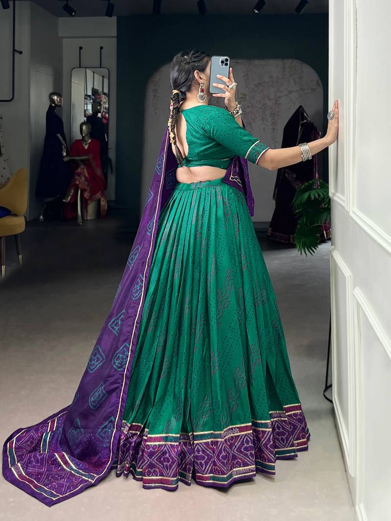 Green Navaratri Special Bandhej Print With Gotta Patti Lace Touch Up Lehenga with Unstitched Blouse