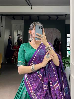 Green Navaratri Special Bandhej Print With Gotta Patti Lace Touch Up Lehenga with Unstitched Blouse 4