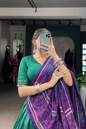 Green Navaratri Special Bandhej Print With Gotta Patti Lace Touch Up Lehenga with Unstitched Blouse