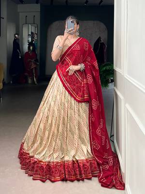 Off White Navaratri Special Bandhej Print With Gotta Patti Lace Touch Up Lehenga with Unstitched Blouse 1