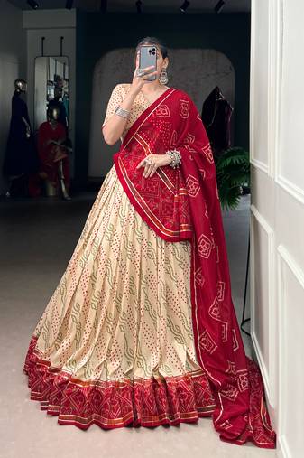 Off White Navaratri Special Bandhej Print With Gotta Patti Lace Touch Up Lehenga with Unstitched Blouse