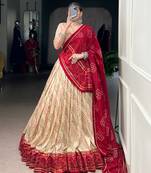 Off White Navaratri Special Bandhej Print With Gotta Patti Lace Touch Up Lehenga with Unstitched Blouse