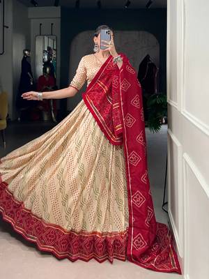 Off White Navaratri Special Bandhej Print With Gotta Patti Lace Touch Up Lehenga with Unstitched Blouse 2