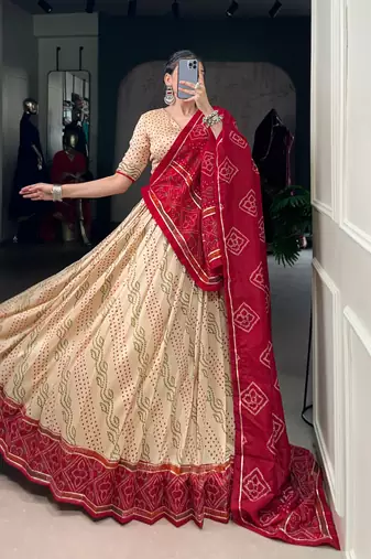 Off White Navaratri Special Bandhej Print With Gotta Patti Lace Touch Up Lehenga with Unstitched Blouse