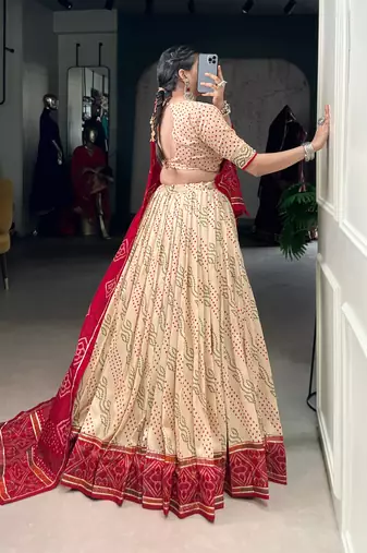 Off White Navaratri Special Bandhej Print With Gotta Patti Lace Touch Up Lehenga with Unstitched Blouse