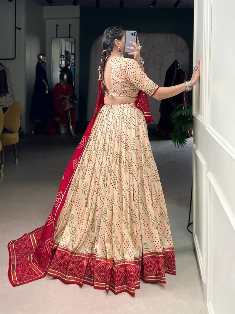Off White Navaratri Special Bandhej Print With Gotta Patti Lace Touch Up Lehenga with Unstitched Blouse