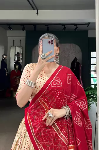Off White Navaratri Special Bandhej Print With Gotta Patti Lace Touch Up Lehenga with Unstitched Blouse