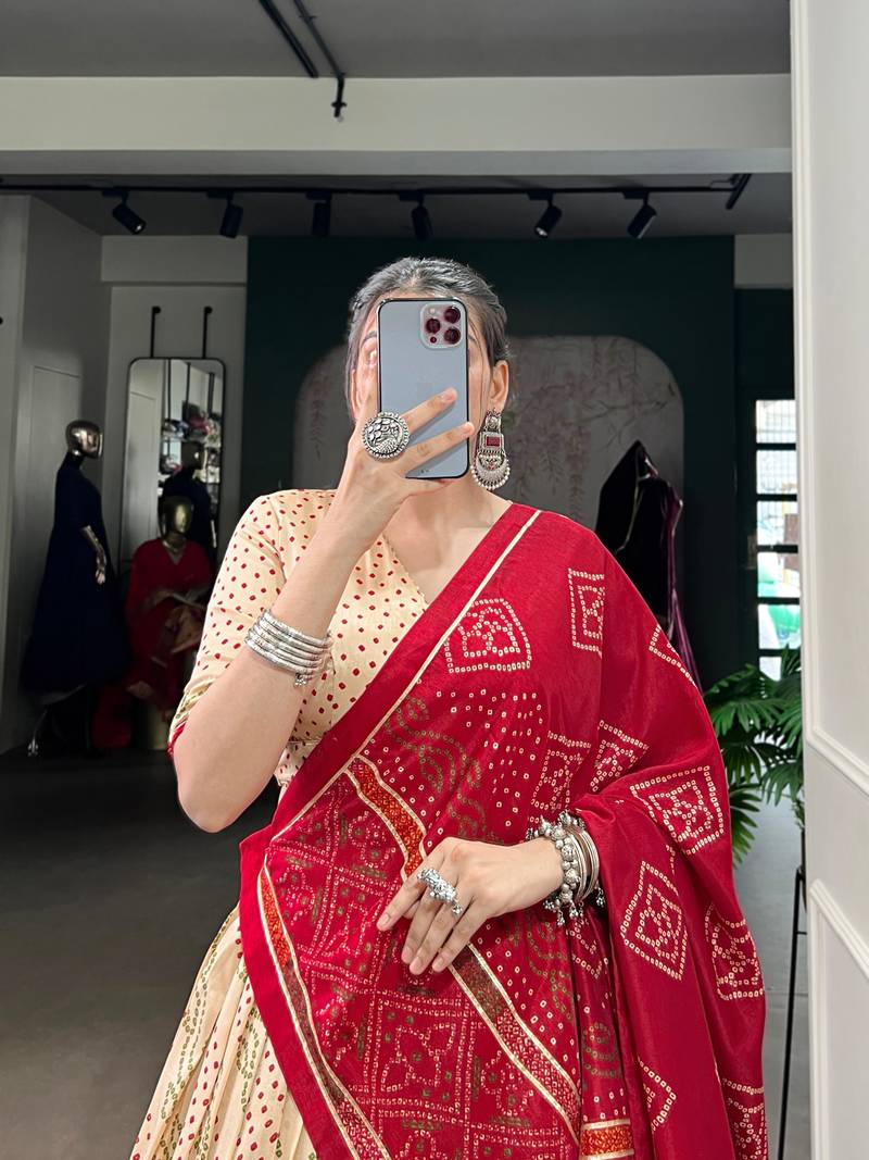 Off White Navaratri Special Bandhej Print With Gotta Patti Lace Touch Up Lehenga with Unstitched Blouse